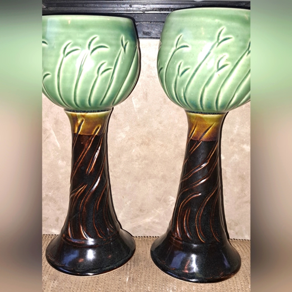 Gorgeous Pottery Handmade Goblets Stoneware Wine Signed Mid Century